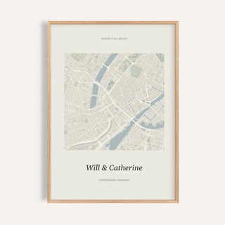 Heart on Map Print personalised print, shown framed in natural wood