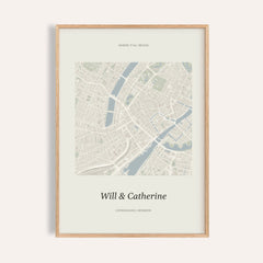 Heart on Map Print personalised print, shown framed in natural wood