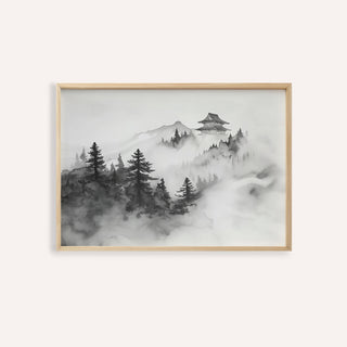 Minimalist Mountain Art framed print of a Japanese temple in mist with black and grey ink