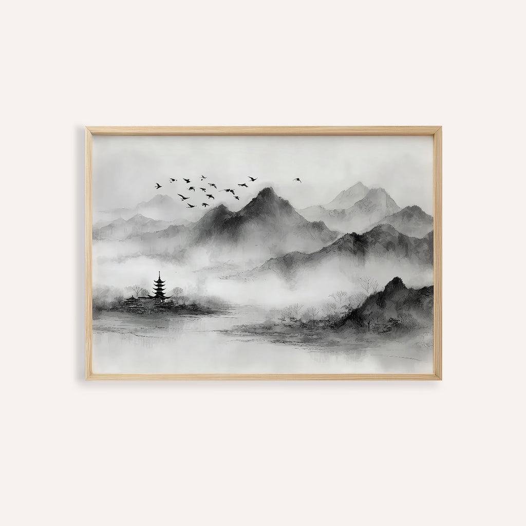 Black and White Landscape Print | Misty Mountain Scene