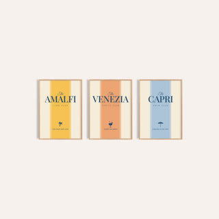 Italian Summer Prints Set of 3: Amalfi Lido Club, Venezia Spritz Club and Capri Swim Club side by side, three separate unframed prints