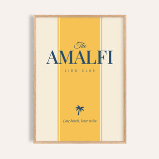 Italian travel poster of The Amalfi Lido Club, saffron panel and navy palm tree