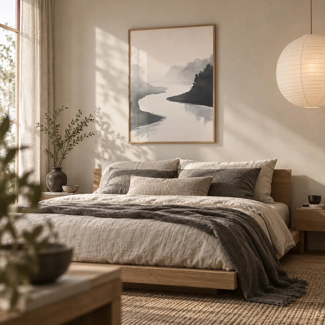 Japanese ink wash print in a calm living room