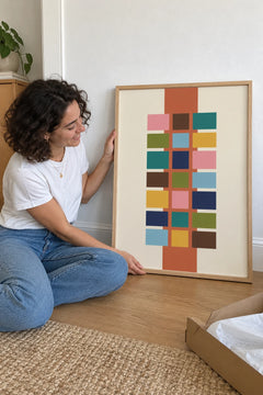 Woman sitting on the floor next to the Abstract Movement print, just unboxed