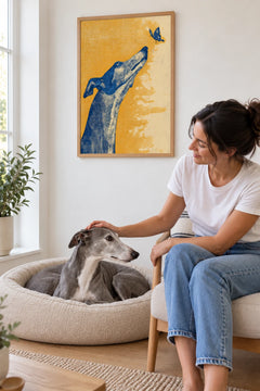 Woman stroking her greyhound in its bed below the Greyhound Butterfly print