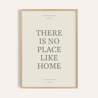 No Place Like Home personalised print, shown framed in natural wood