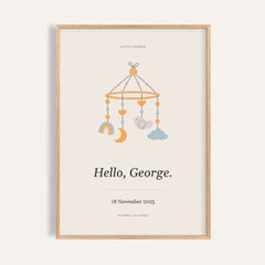 Baby Nursery Poster personalised print, shown framed in natural wood