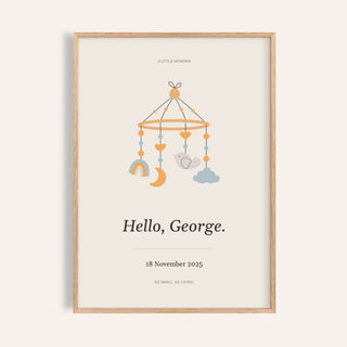 Baby Nursery Poster personalised print, shown framed in natural wood
