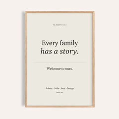 Family Story Poster personalised print, shown framed in natural wood