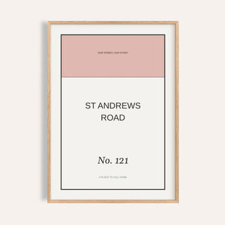 Street Name Poster personalised print, shown framed in natural wood