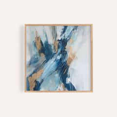 Blue abstract wall art with blue and gold contemporary splash in a wooden frame