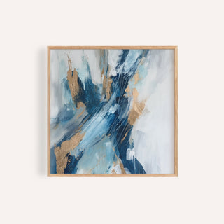 Blue abstract wall art with blue and gold contemporary splash in a wooden frame