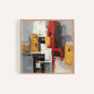 Red and yellow abstract poster with geometric shapes in red yellow black white and grey