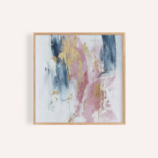 Pink Abstract Square Art with abstract paint strokes in pink blue and gold in a wooden frame