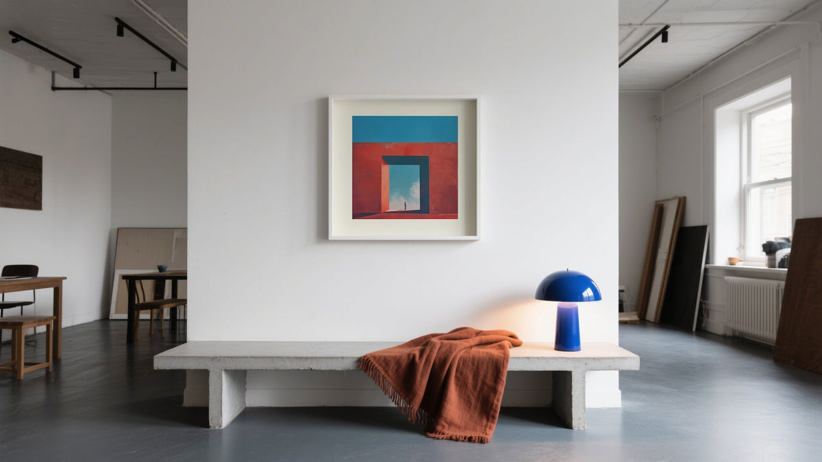 Surreal Art in a bright interior featuring large square framed surrealist wall art in red and blue
