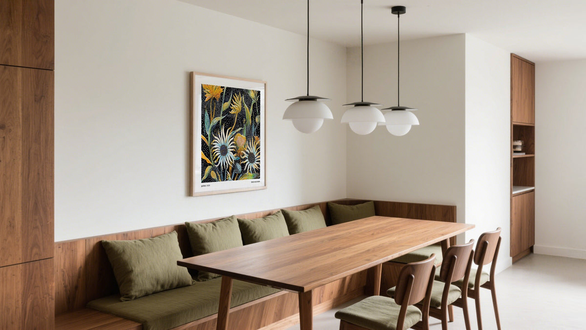 Square wall art transformation in a modern dining room area