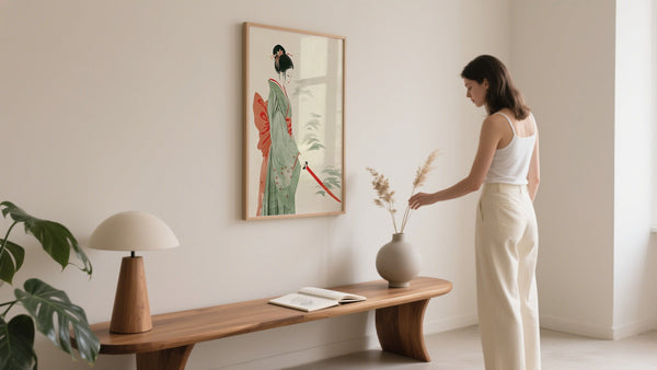 Artwork from Japan showing a female Samurai warrior in green and red