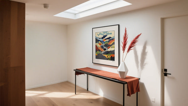 Japanese Art Posters of Mount Fuji displayed in entryway above a sideboard with red accents