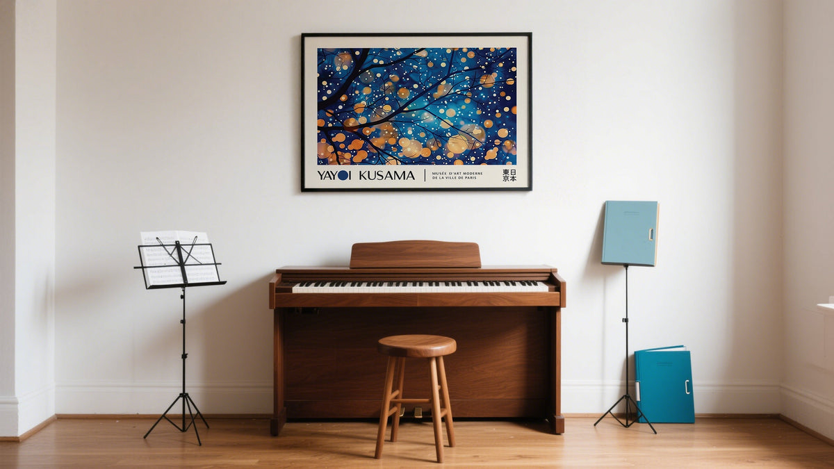 Art Prints and Posters above a piano music room