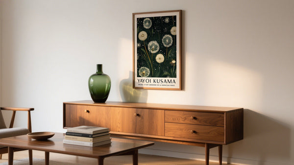 Japanese wall art print in green of large dandelions inspired by Yayoi Kusama