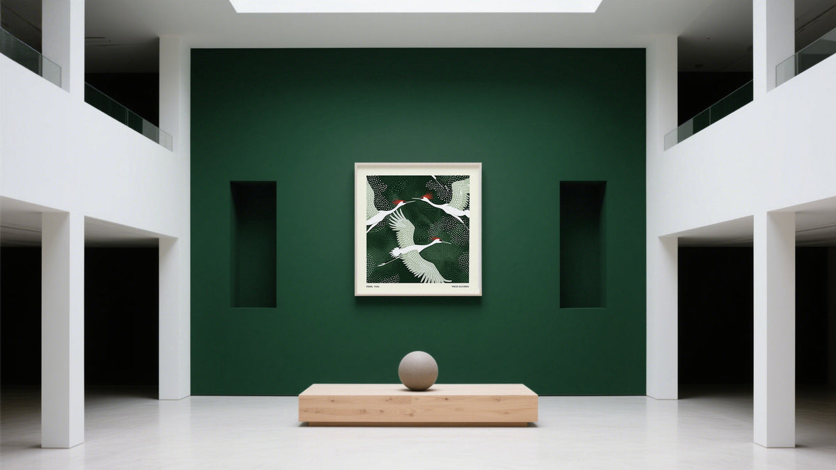 Japanese Design of crane birds flying in a Poster Art Gallery in green background
