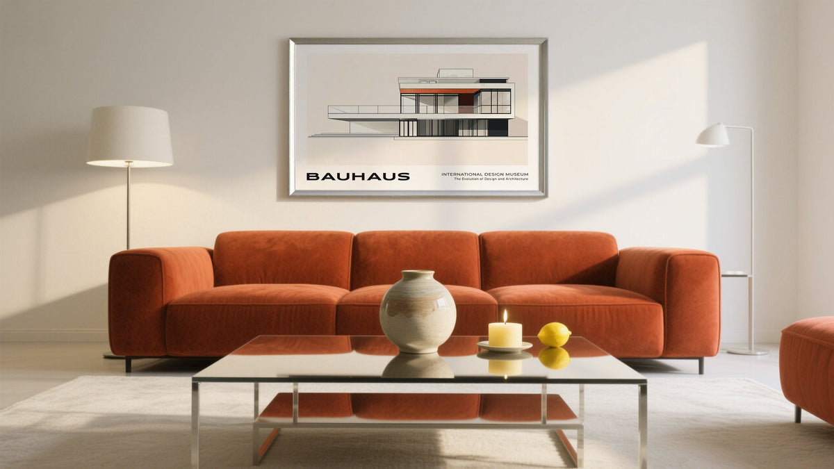 Bauhaus Wide Wall Art of Architectural building above sofa in living room