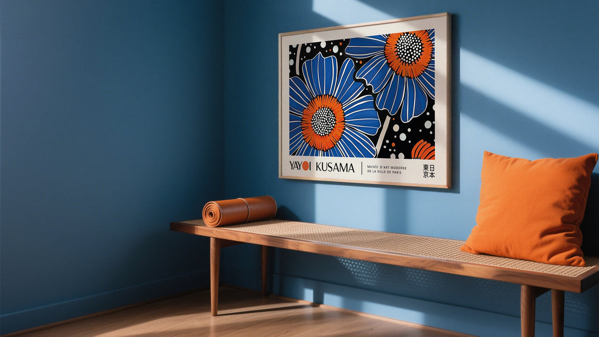 Japanese Landscape Art in Bold Orange and Blue Colors