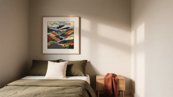Mount Fuji Japanese art prints for small spaces above a bed