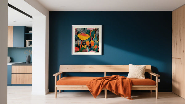 Wooden Framed modern art prints hanging on a blue wall above a bench in the kitchen