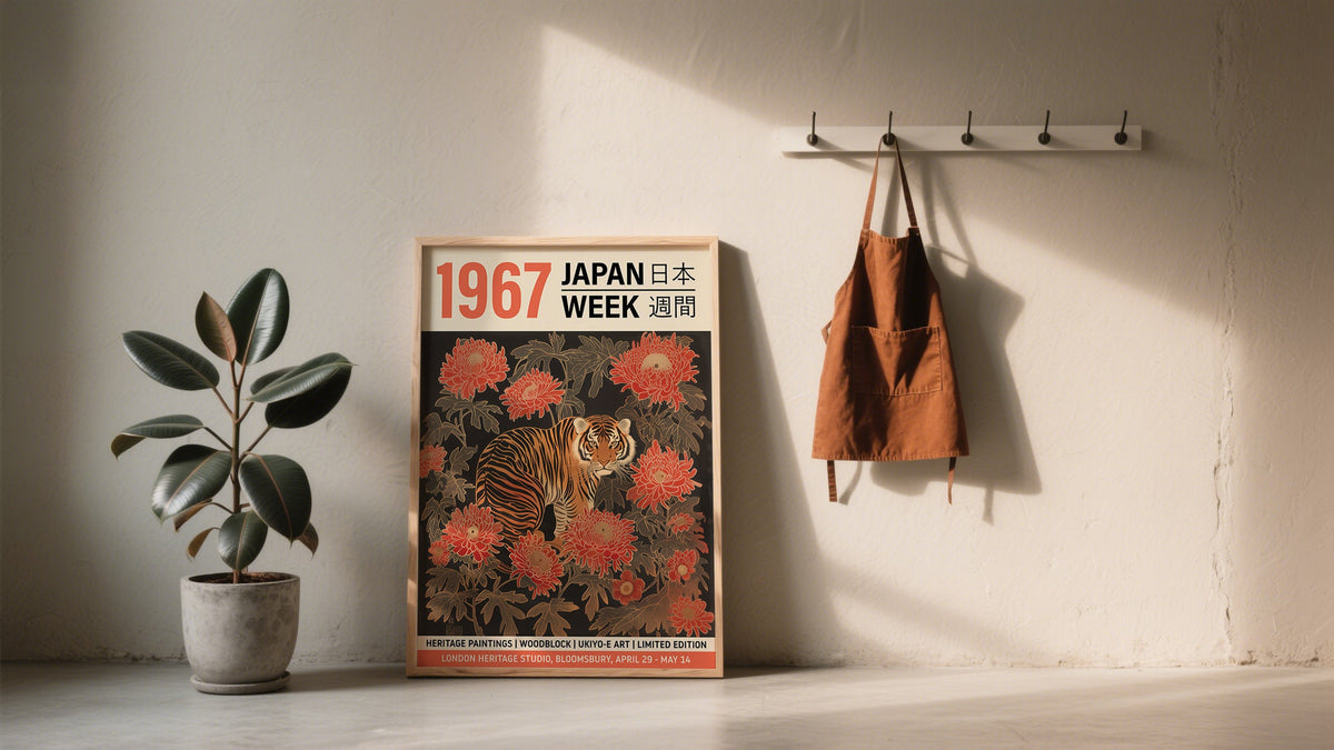Vintage Japanese Art of Tiger in the Jungle, Japan Week Poster 1967