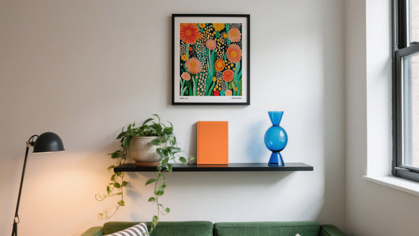 Colorful abstract wall art in the living room with large floral wall art