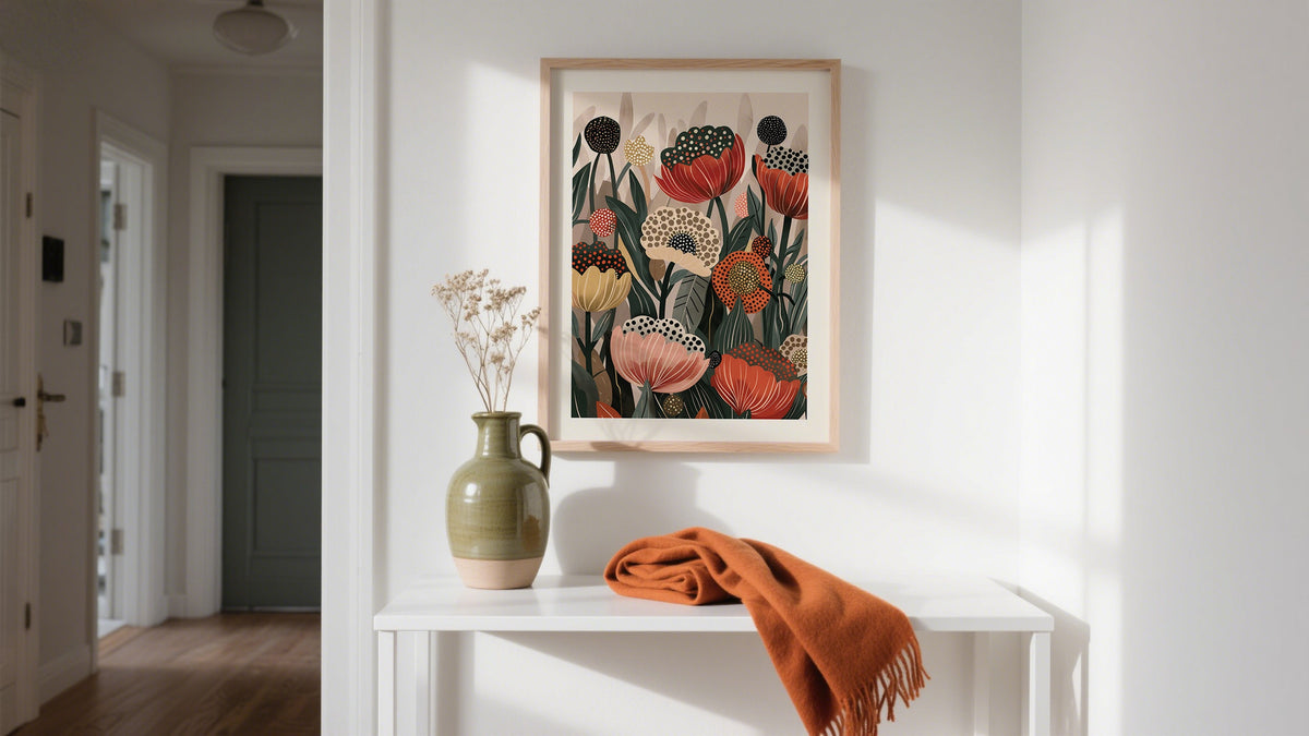 Vertical Art Prints in Rust orange and greens.