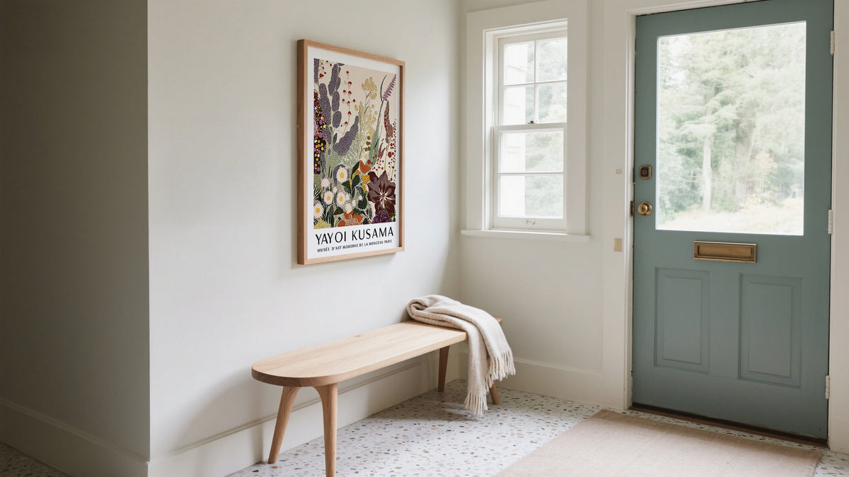 Buy Unframed Art Posters. Botanical art displayed above bench in entryway