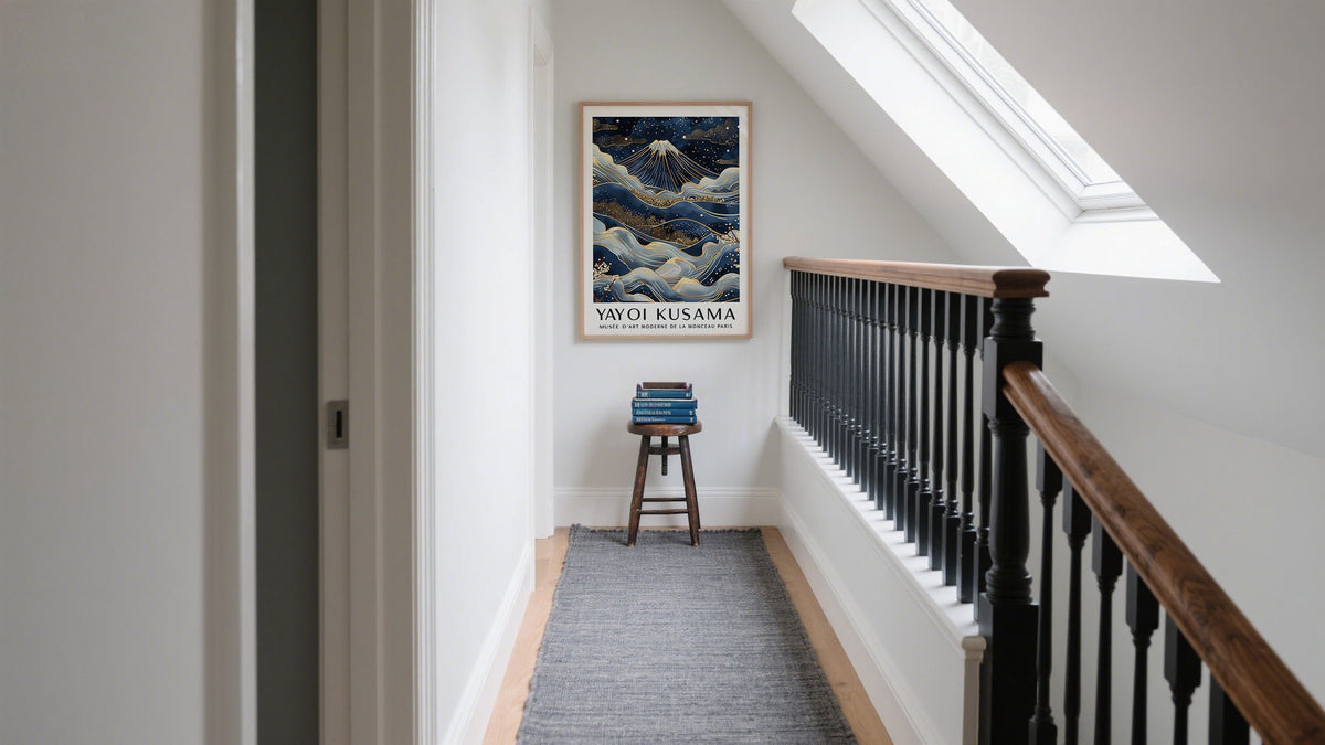 Beautiful Wall Art displayed in upstairs landing area of Mount Fuji in Blue and Gold