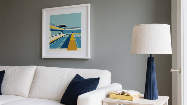 Minimalist Living Room Decor With Poster Art of a Bauhaus Swimming Pool
