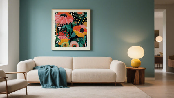 Postershop display wall at Laboo Studio featuring colorful fine art prints