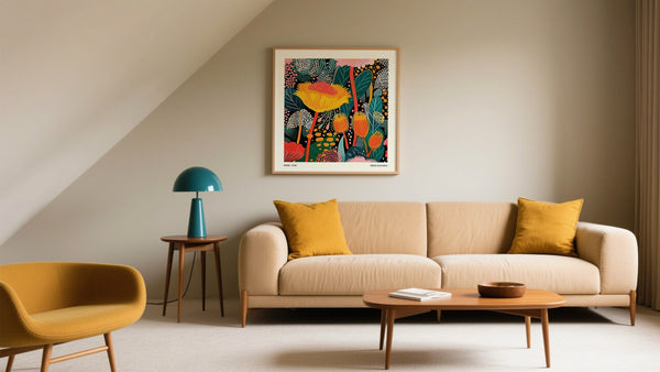 Colorful Poster with abstract floral artwork above modern sofa in living room