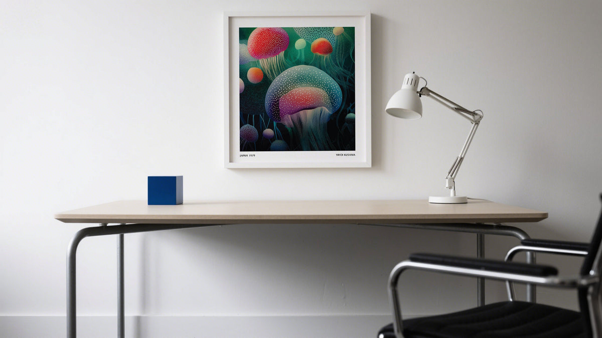 Inexpensive wall art of surreal jellyfish above desk in home office