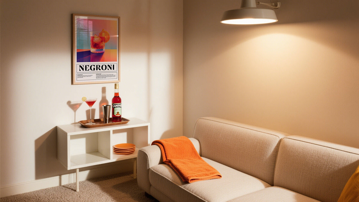 Retro Negroni poster styled with vintage glassware and drink tools