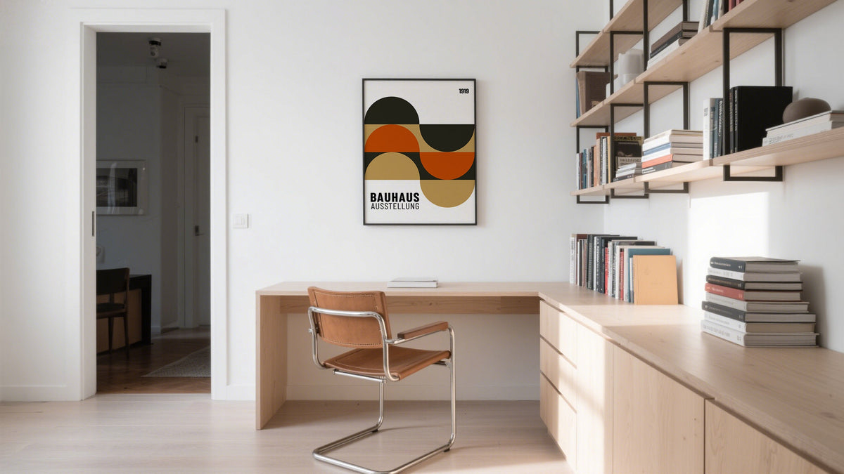 Modern art prints with clean lines and geometric layouts above a desk