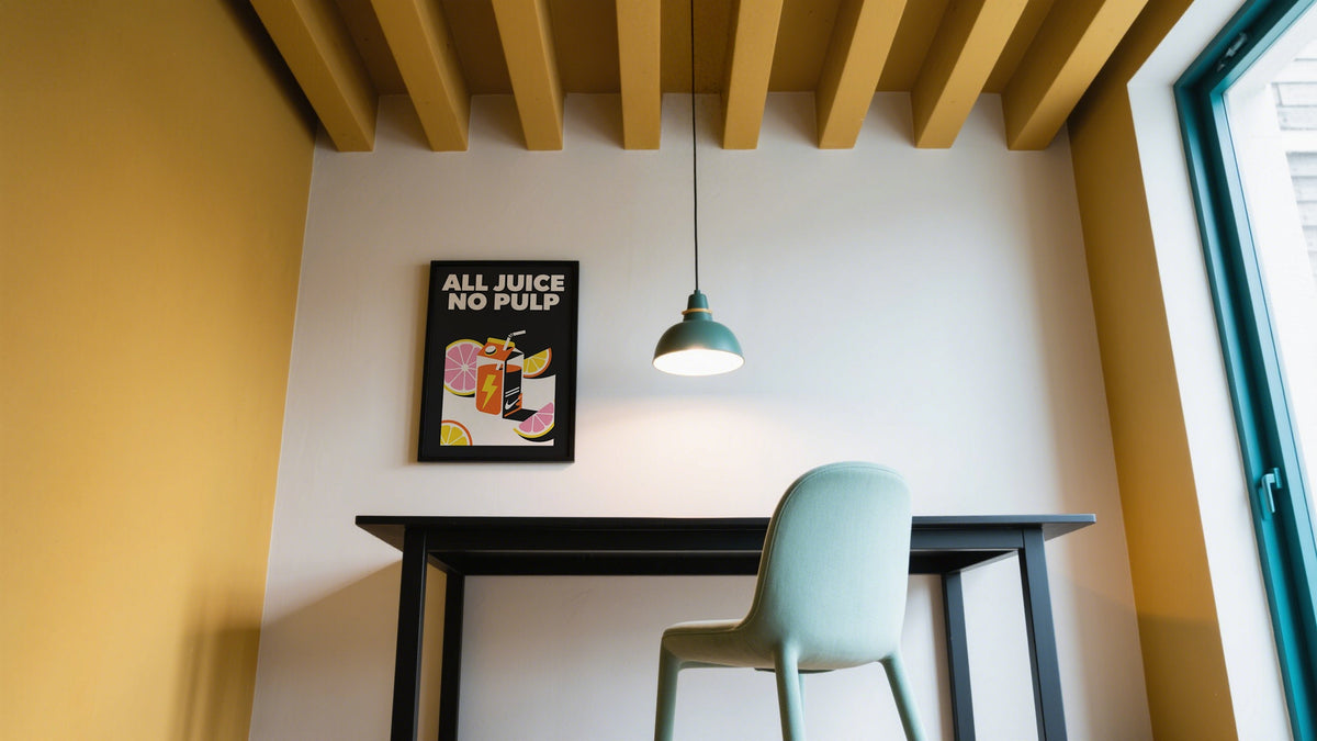 Bold juice carton art with citrus slices, captioned “ALL JUICE NO PULP”  - Best Inspo Posters.