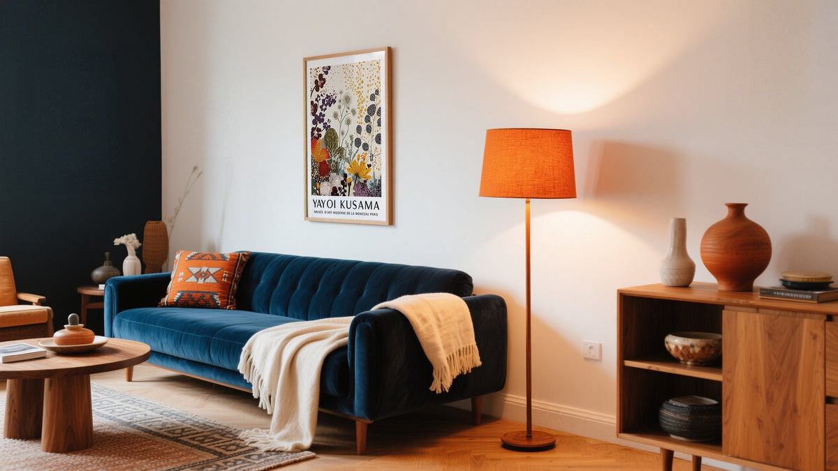 Yayoi Kusama Traditional Wall Art in Orange and earthy tones above a living room sofa