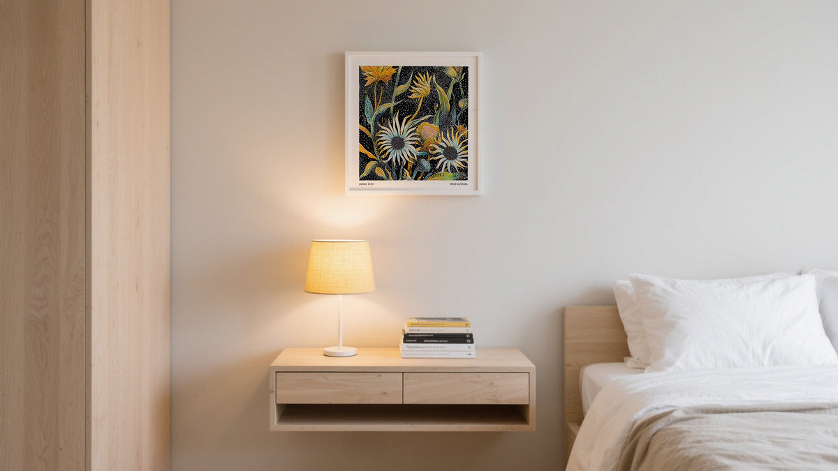 Bold floral poster in the style of Yayoi Kusama featuring vibrant yellow poppies as part of a modern interpretation of japanese floral artwork.
