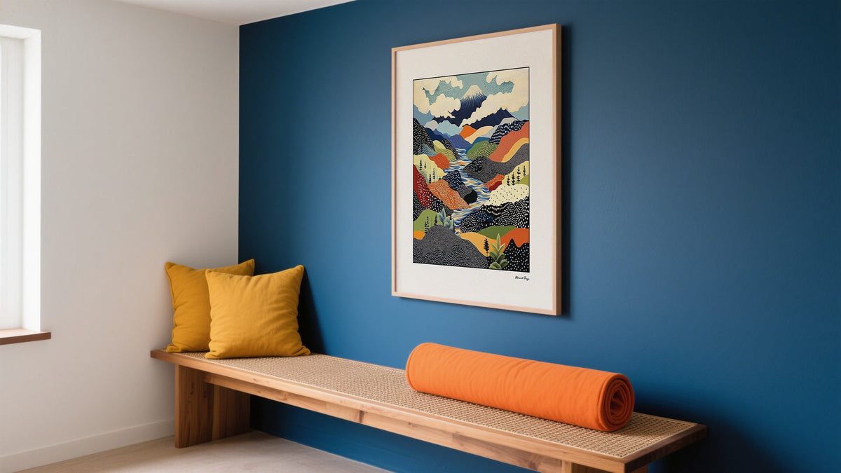 Framed japanese landscape drawing of Mount Fuji in Japan