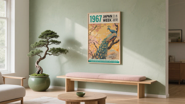 Framed traditional Japanese woodblock print hanging above a wooden bench