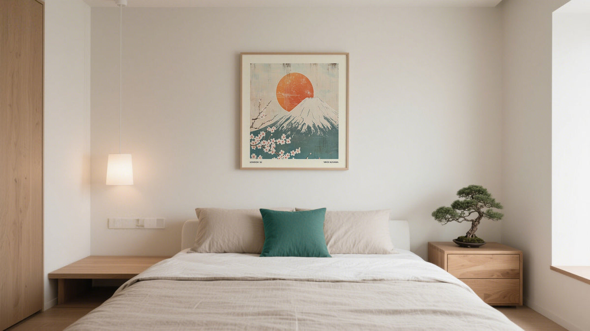 Framed print of Mt Fuji with a orange sun featured in a cozy corner showcasing modern decor and a focus on bold shapes in japanese mountain art.