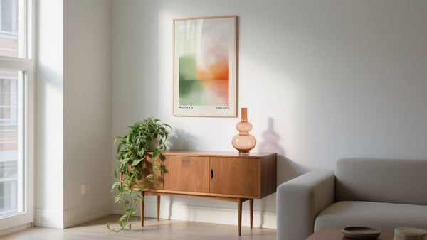 Green and peach abstract poster paired with light wood accents
