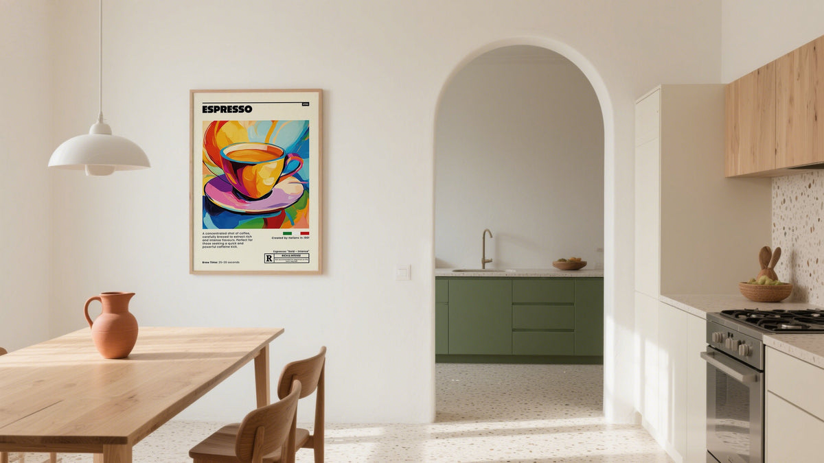 Cool Wall Art of a coffee cup displayed in dining room open plan kitchen
