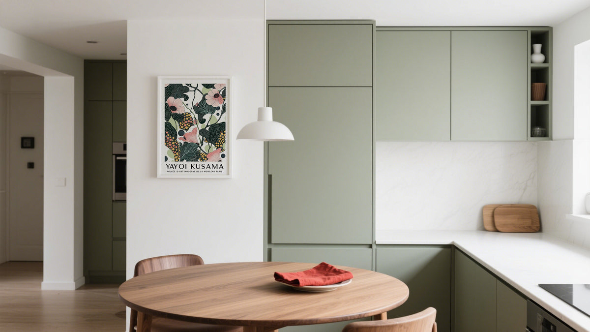Yayoi Kusama Inspired quality wall art displayed in a light green kitchen