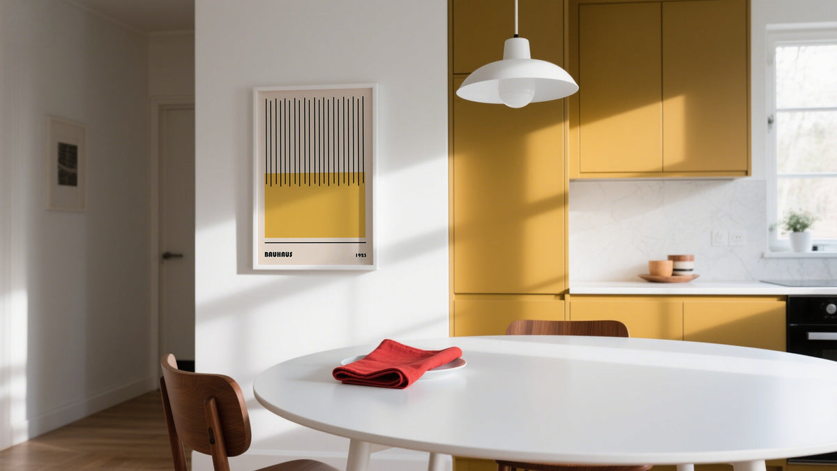 Framed minimalist poster of yellow rectangle and black vertical lines on a dining room wall
